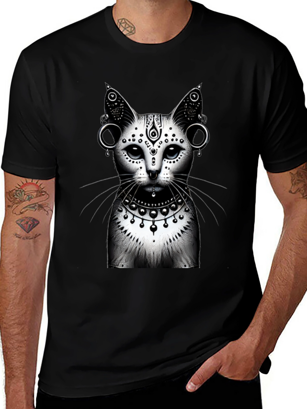 Mystic Cat Graphic Tee - Black Cotton T-Shirt