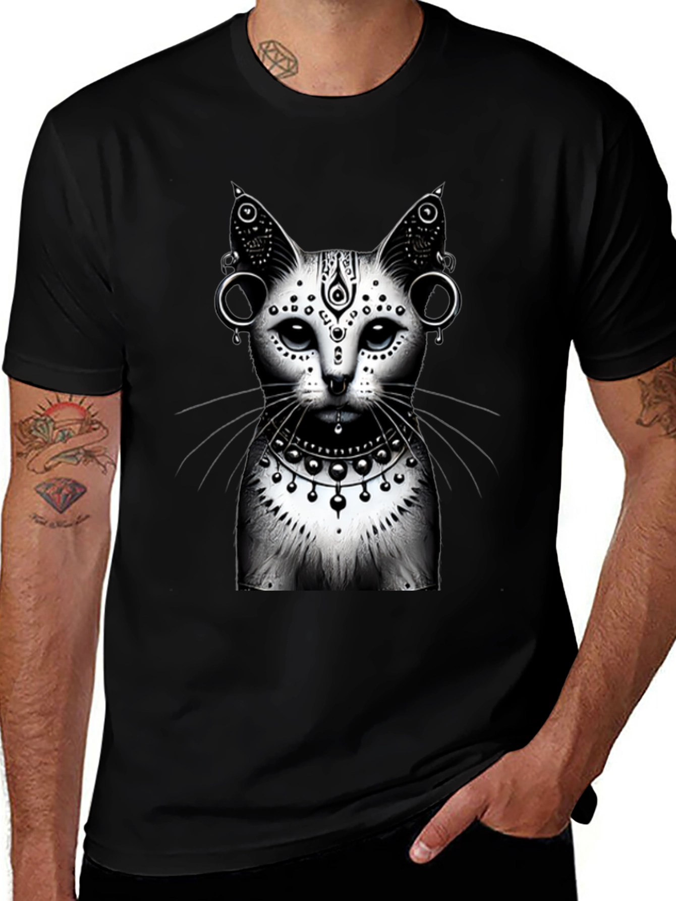 Mystic Cat Graphic Tee - Black Cotton T-Shirt