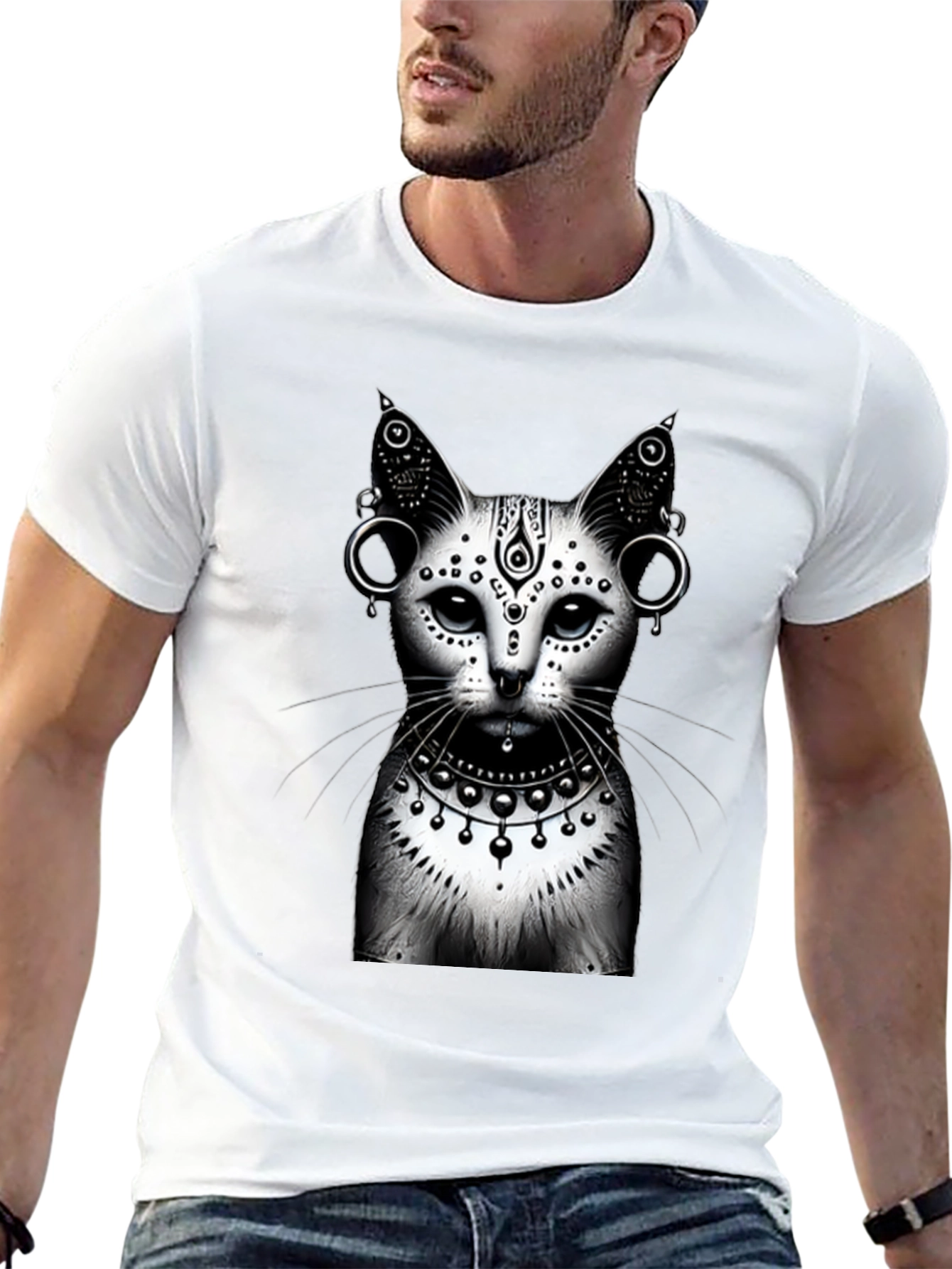 Mystic Cat Graphic Tee - Black Cotton T-Shirt