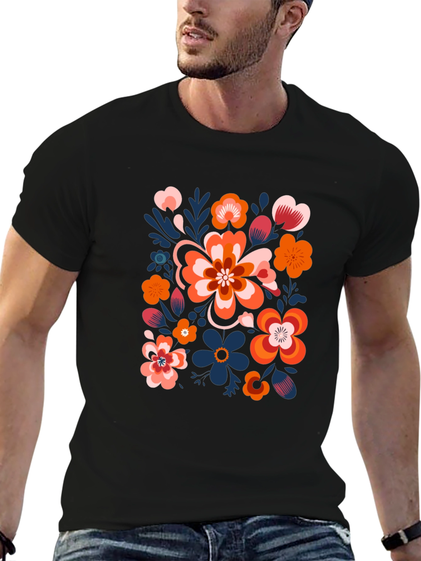 Floral Pattern Black T-Shirt - Unique Graphic Tee
