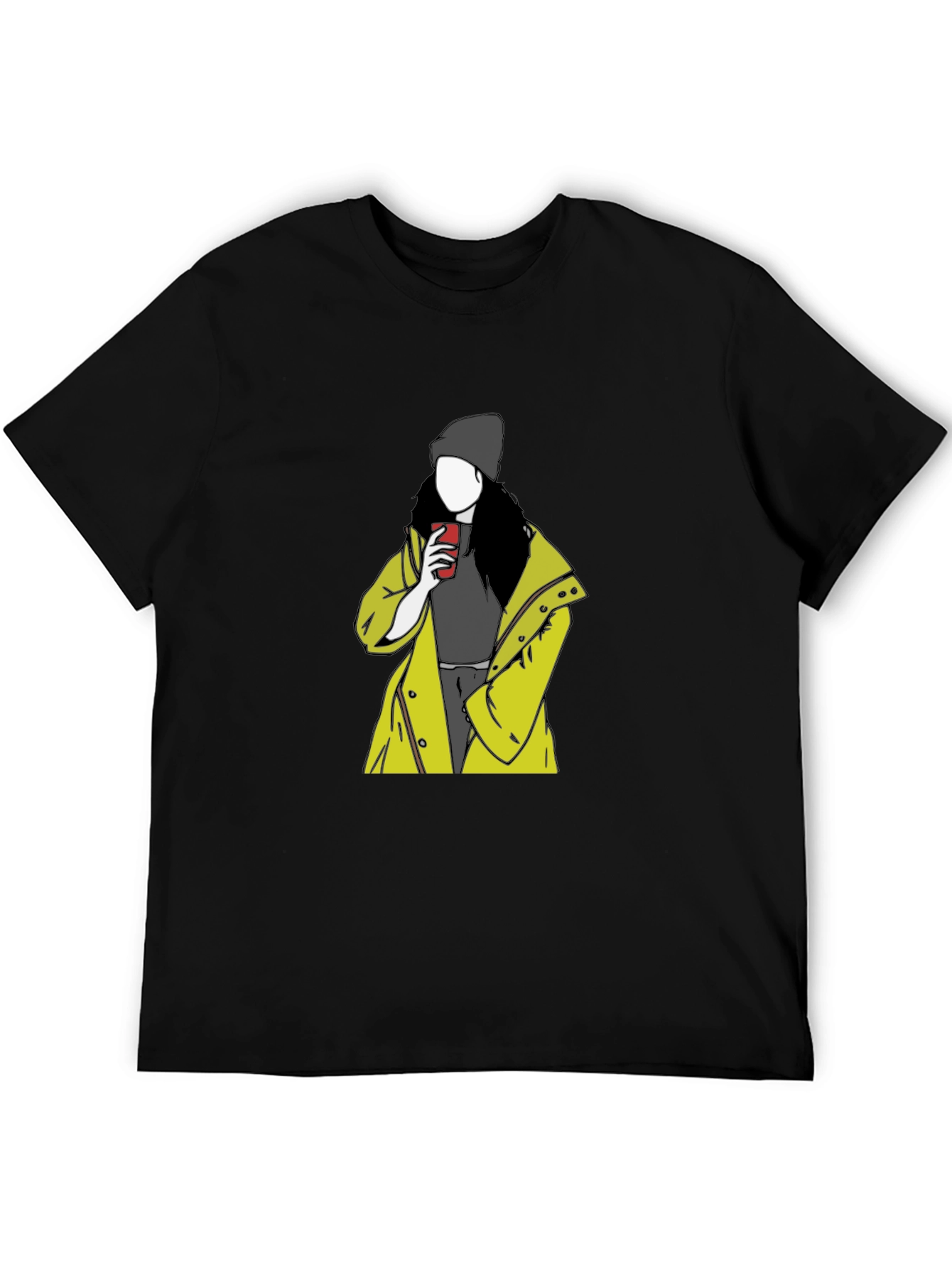 Trendy Graphic T-Shirt: Woman in Yellow Coat