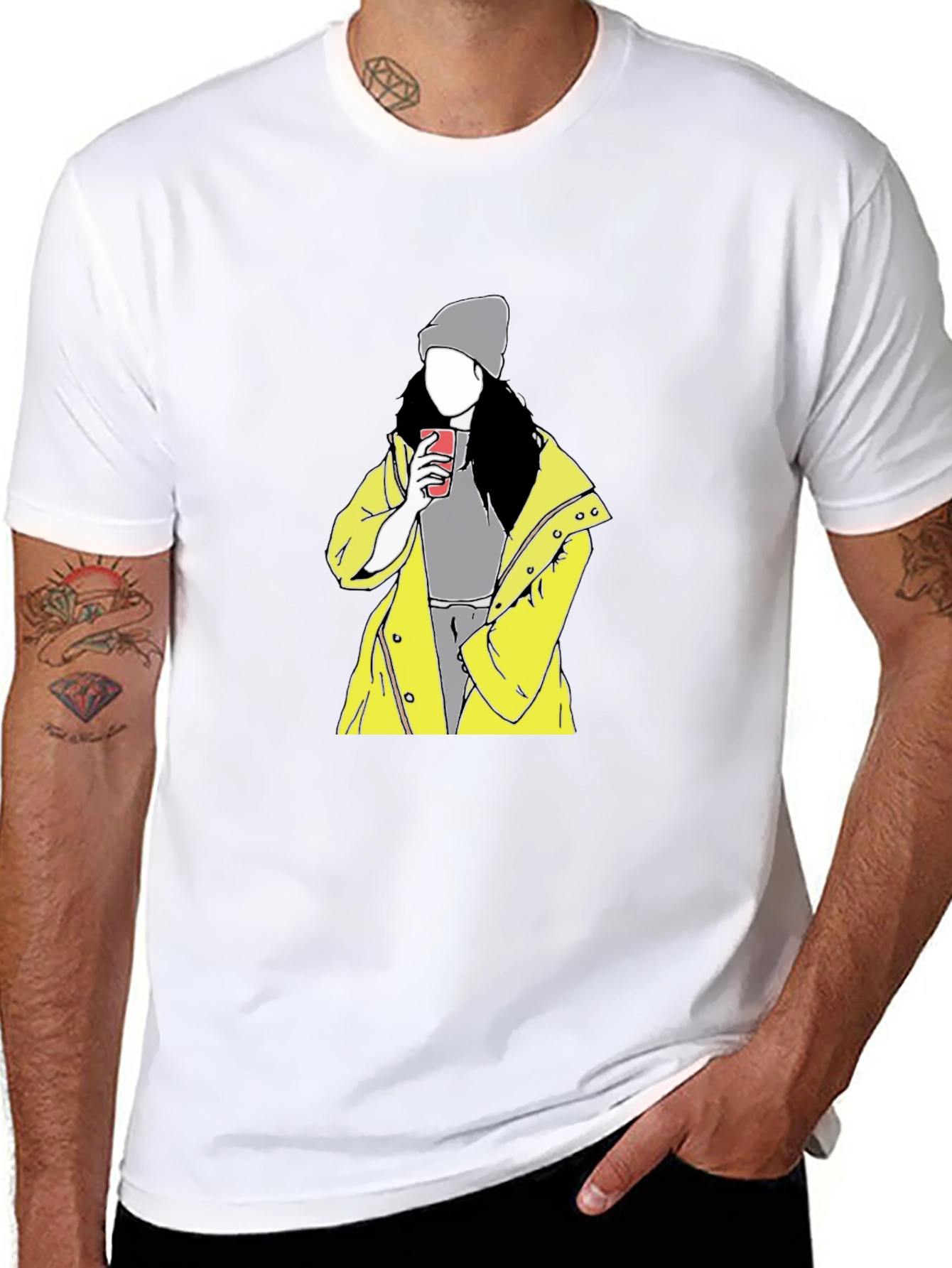 Trendy Graphic T-Shirt: Woman in Yellow Coat