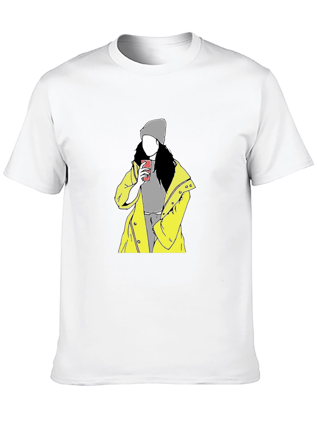 Trendy Graphic T-Shirt: Woman in Yellow Coat