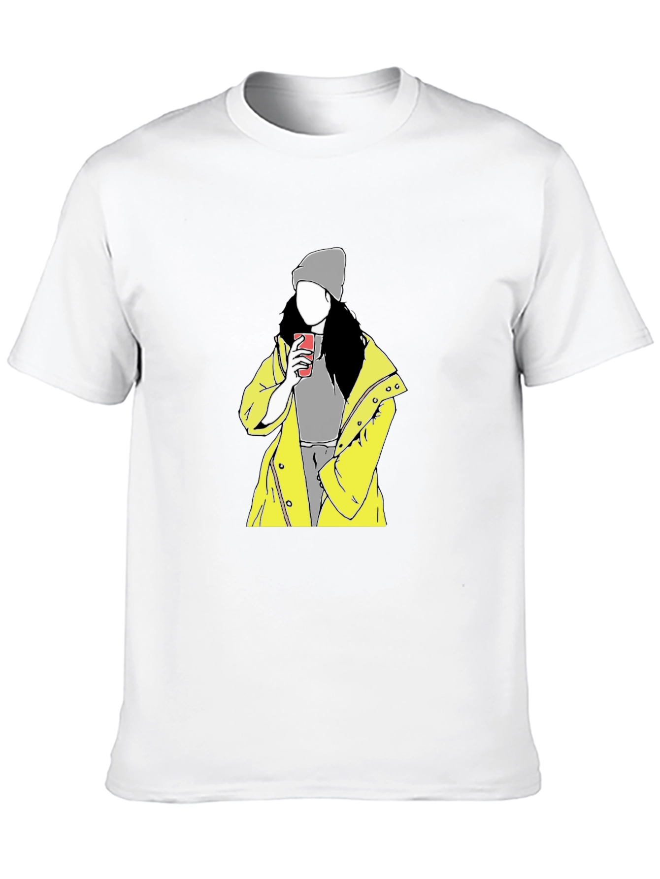 Trendy Graphic T-Shirt: Woman in Yellow Coat