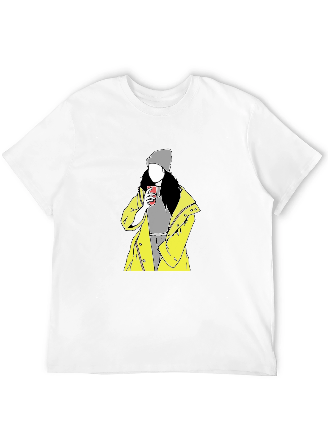 Trendy Graphic T-Shirt: Woman in Yellow Coat