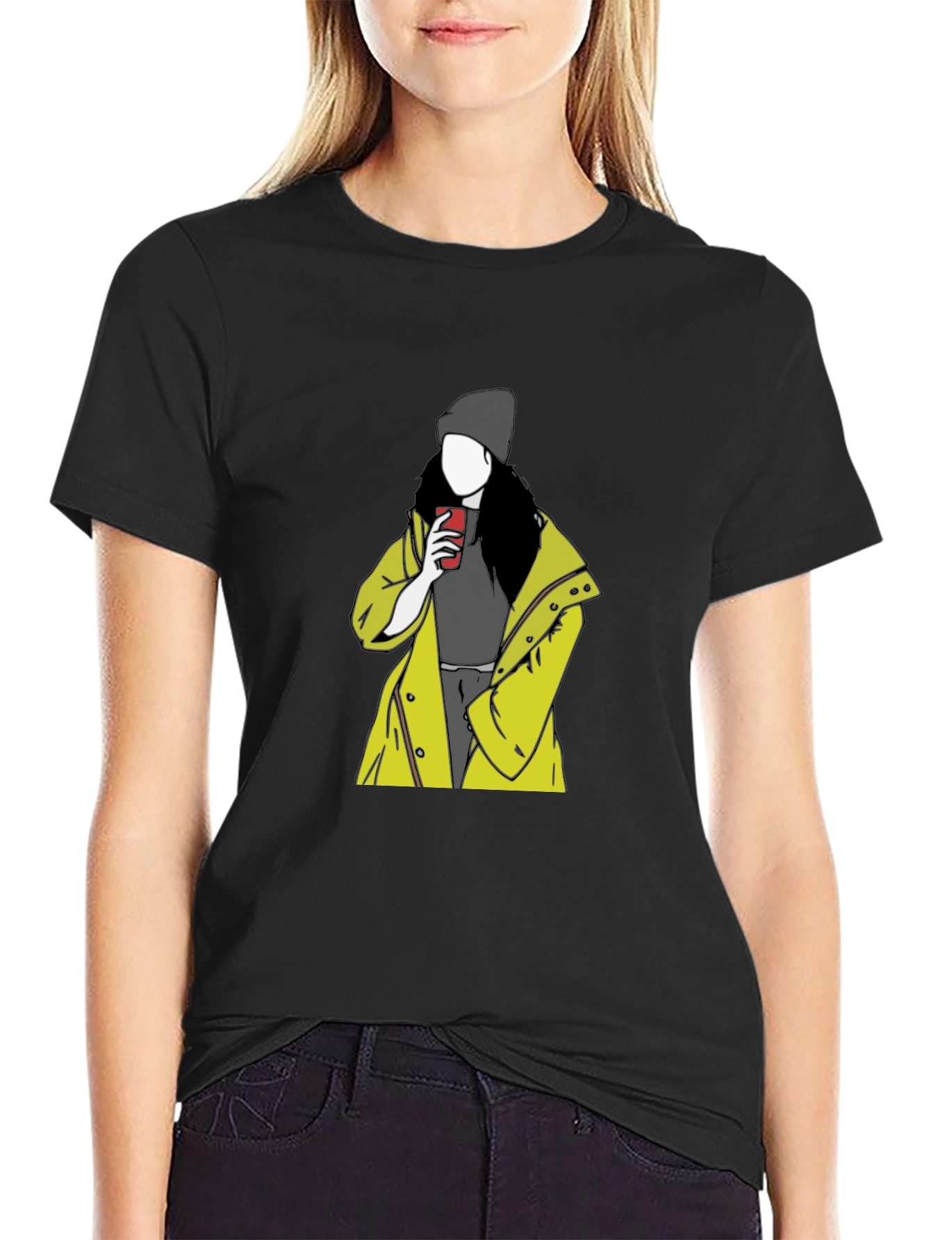 Trendy Graphic T-Shirt: Woman in Yellow Coat