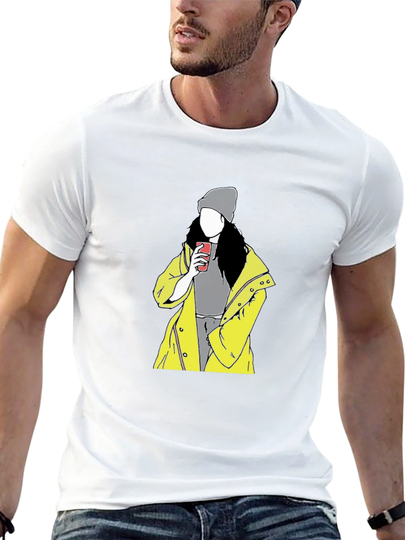 Trendy Graphic T-Shirt: Woman in Yellow Coat