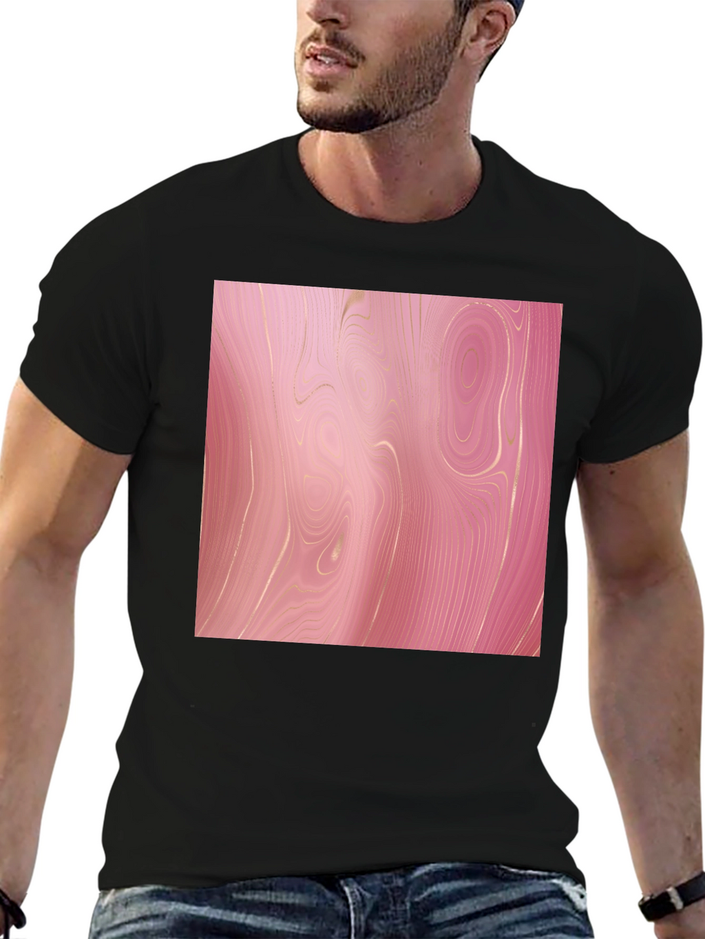 Trendy Pink Marble Print Black T-Shirt
