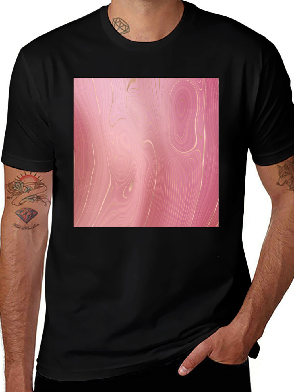 Trendy Pink Marble Print Black T-Shirt