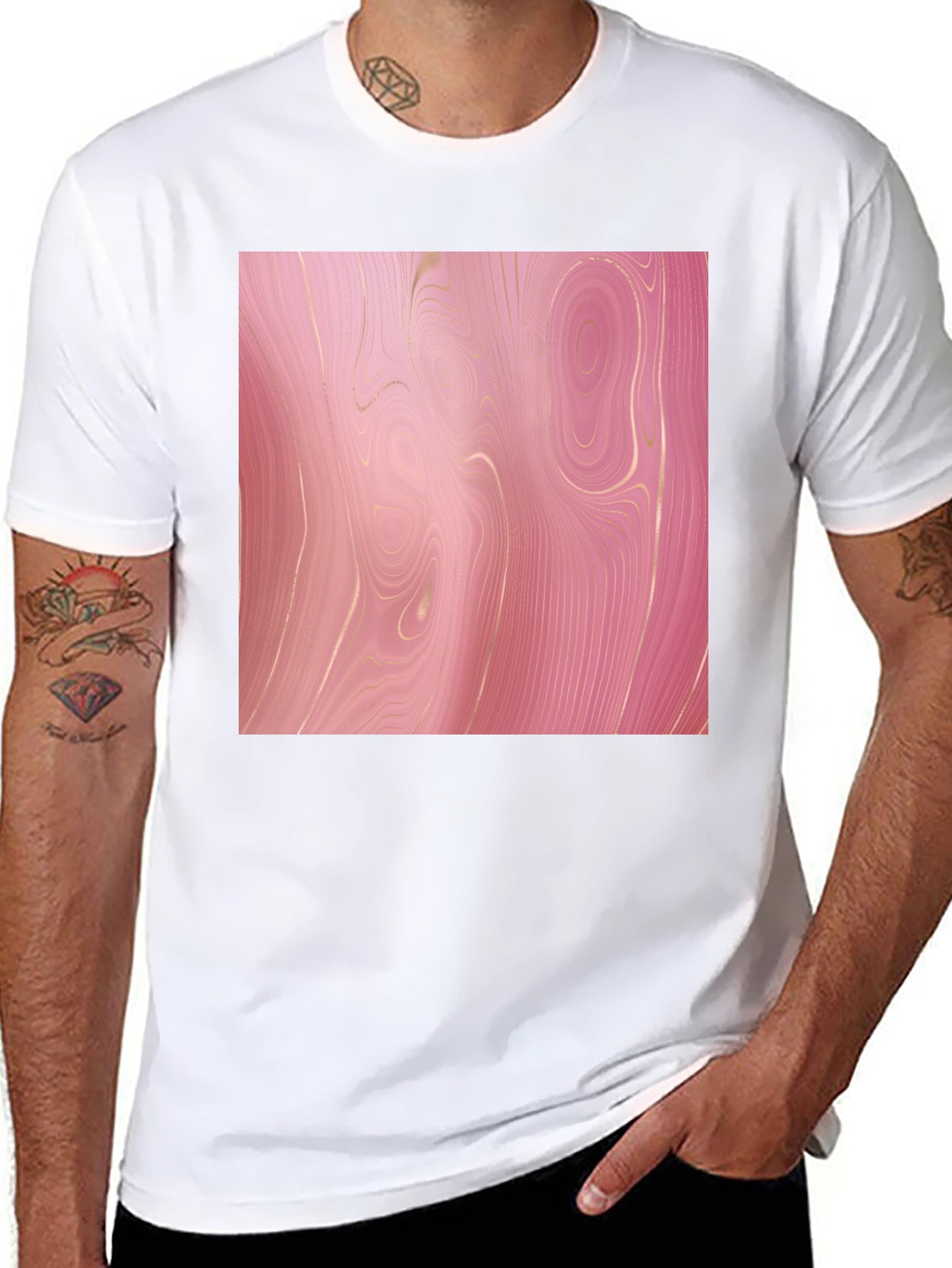 Trendy Pink Marble Print Black T-Shirt