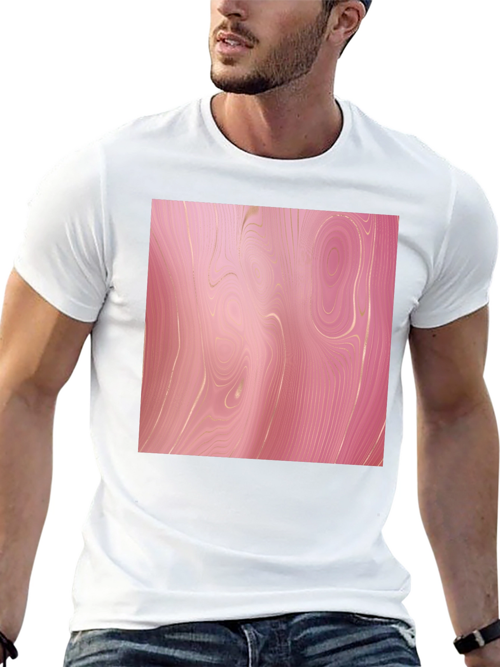 Trendy Pink Marble Print Black T-Shirt
