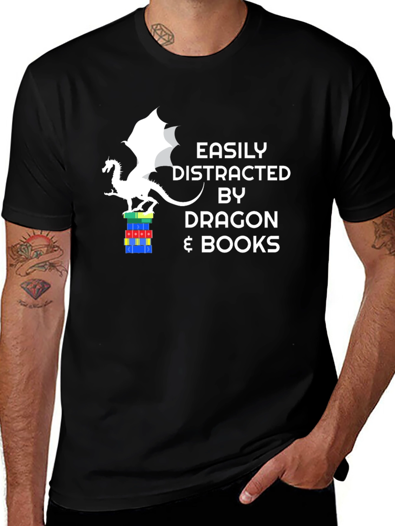 Dragon and Books Graphic Tee - Easily Distracted