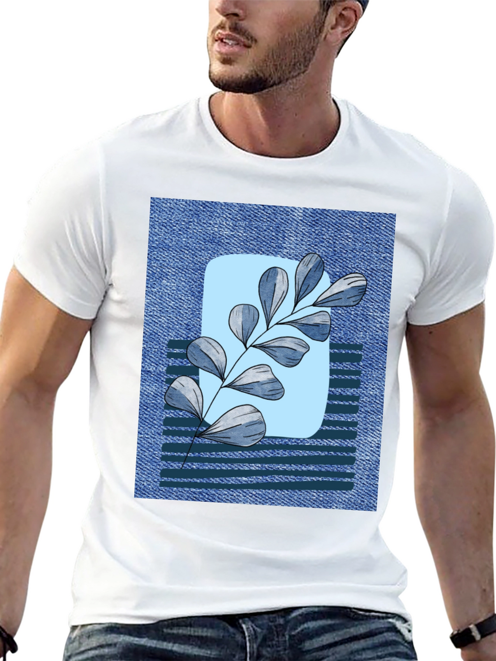 Botanical Denim T-Shirt - Nature Inspired Casual Wear