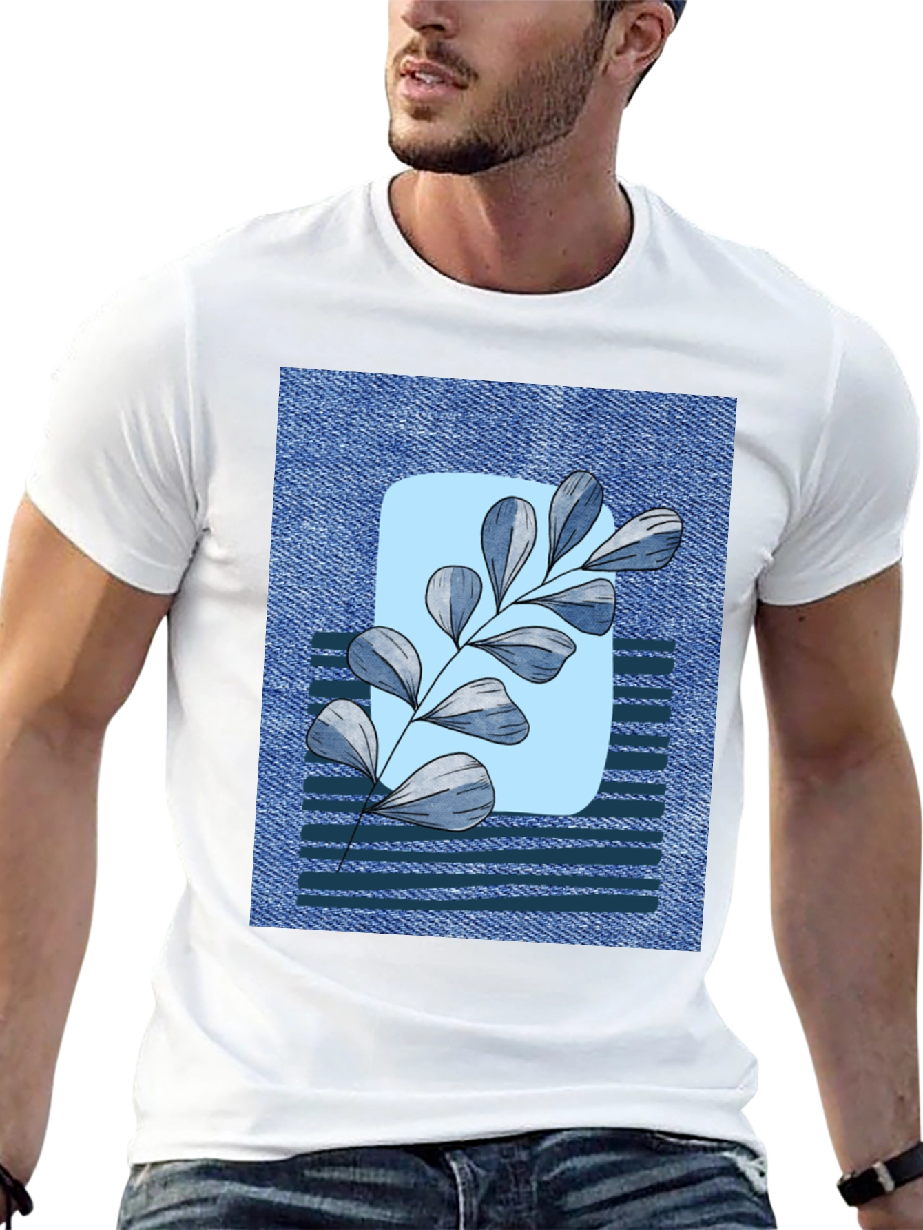 Botanical Denim T-Shirt - Nature Inspired Casual Wear