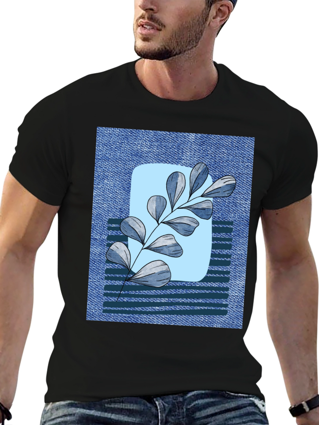 Botanical Denim T-Shirt - Nature Inspired Casual Wear