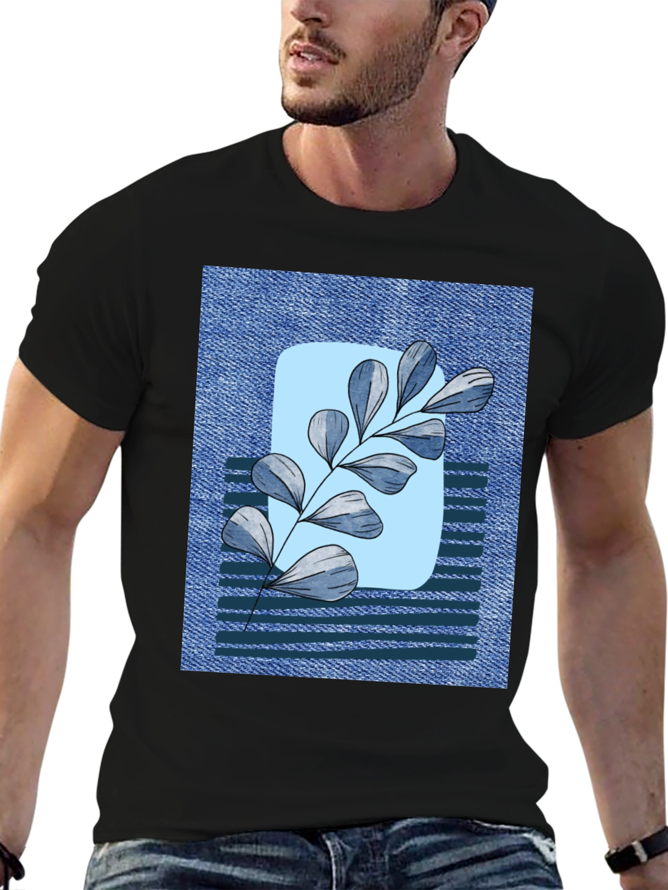 Botanical Denim T-Shirt - Nature Inspired Casual Wear