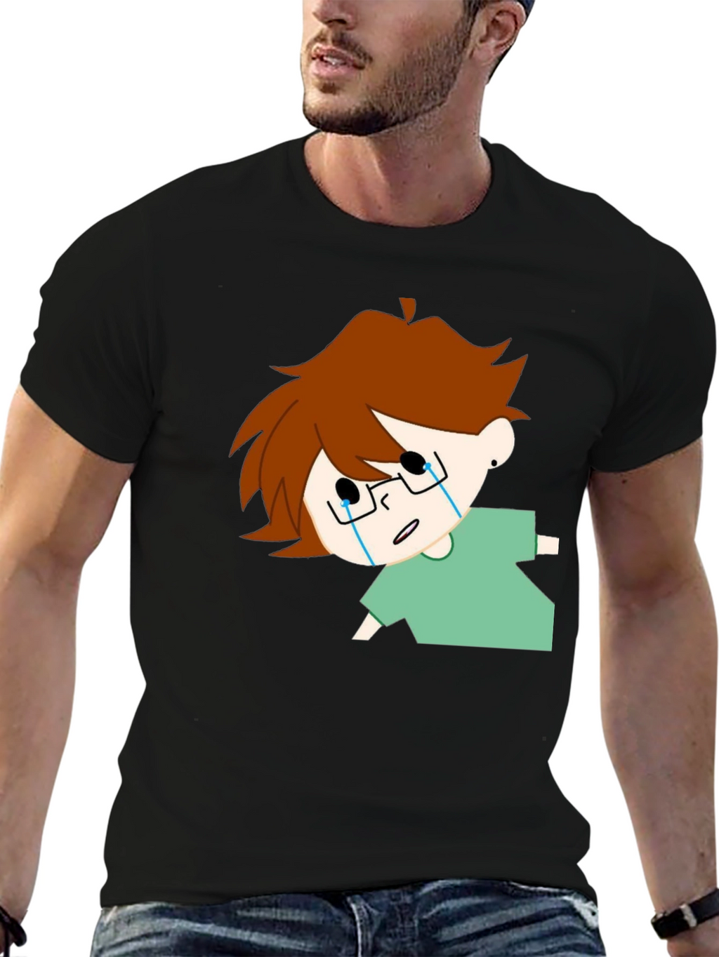 Crying Cartoon Character Black T-Shirt