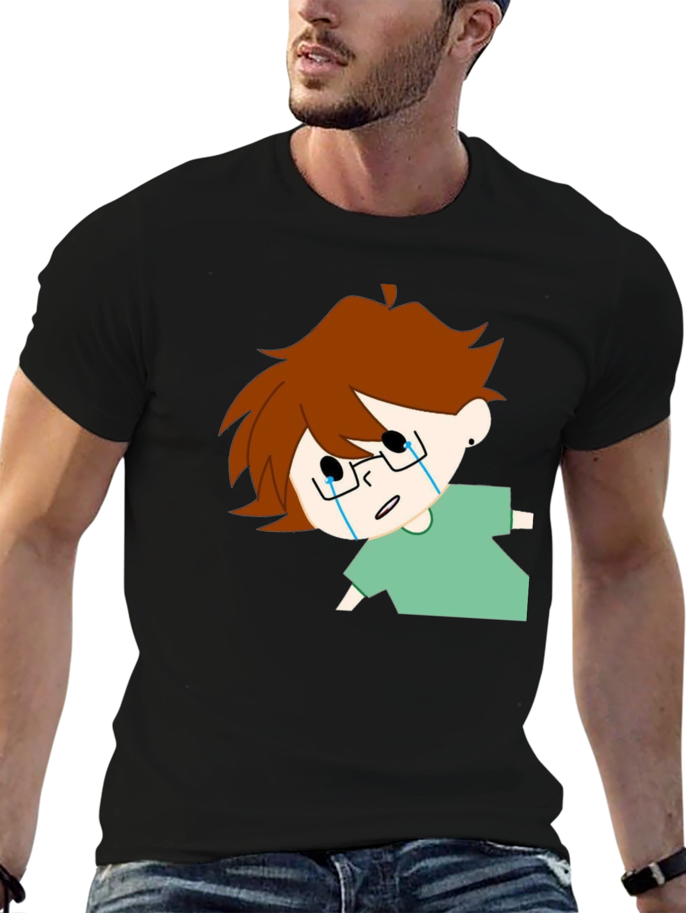 Crying Cartoon Character Black T-Shirt