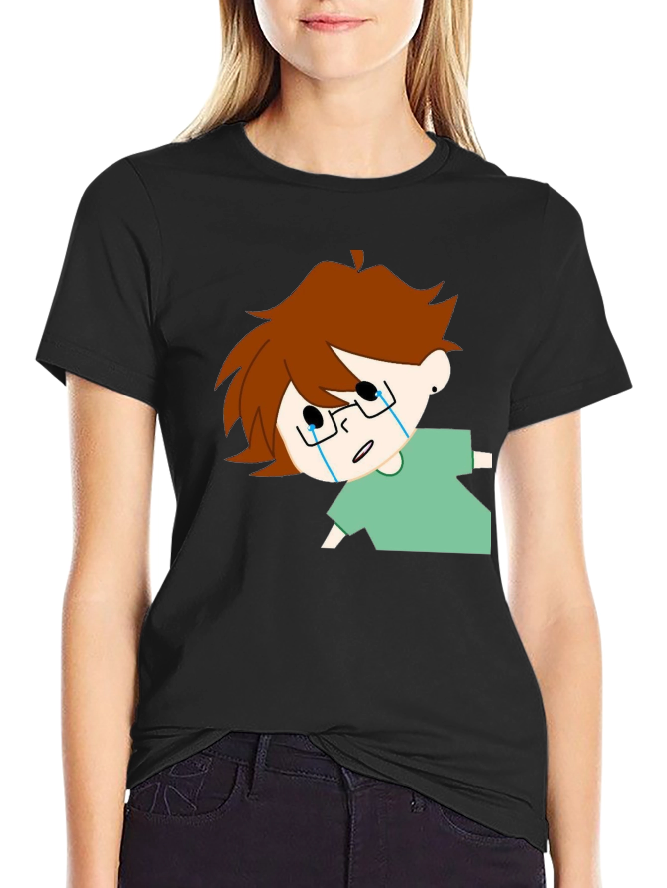 Crying Cartoon Character Black T-Shirt
