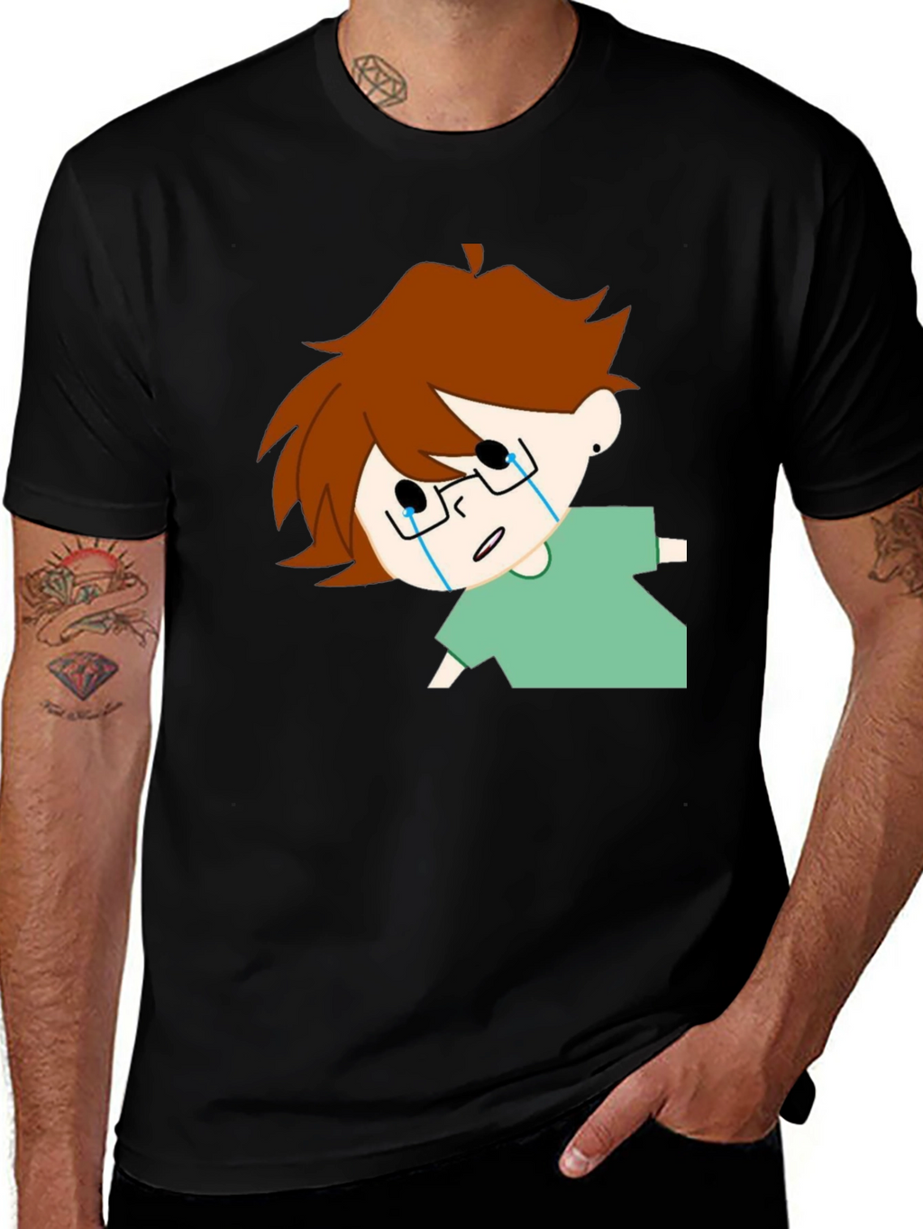 Crying Cartoon Character Black T-Shirt