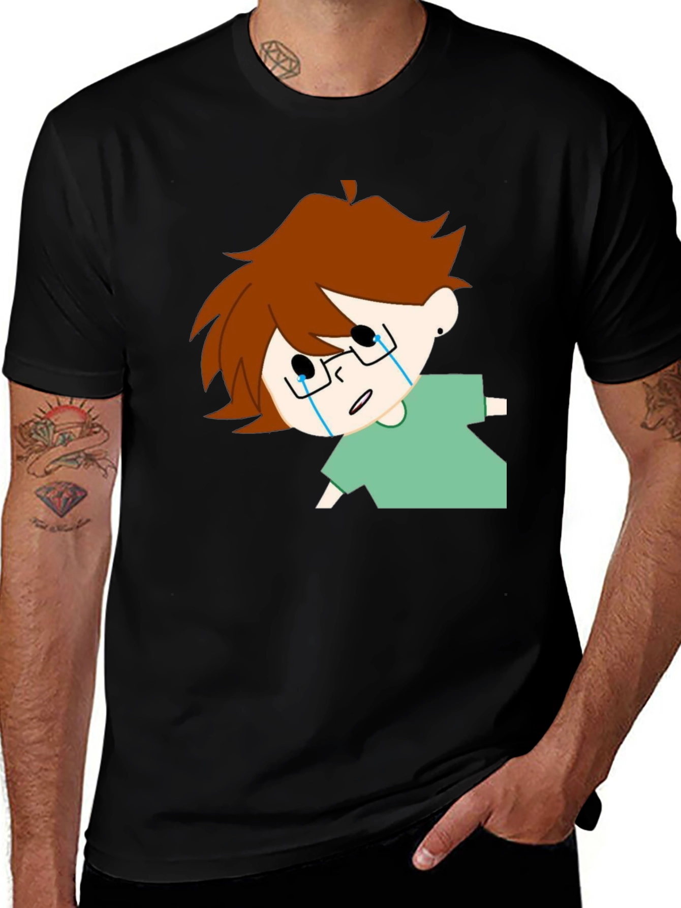 Crying Cartoon Character Black T-Shirt