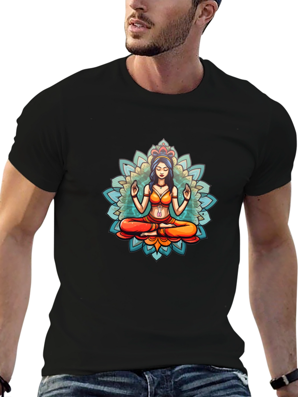 Meditative Mandala Graphic Black T-Shirt