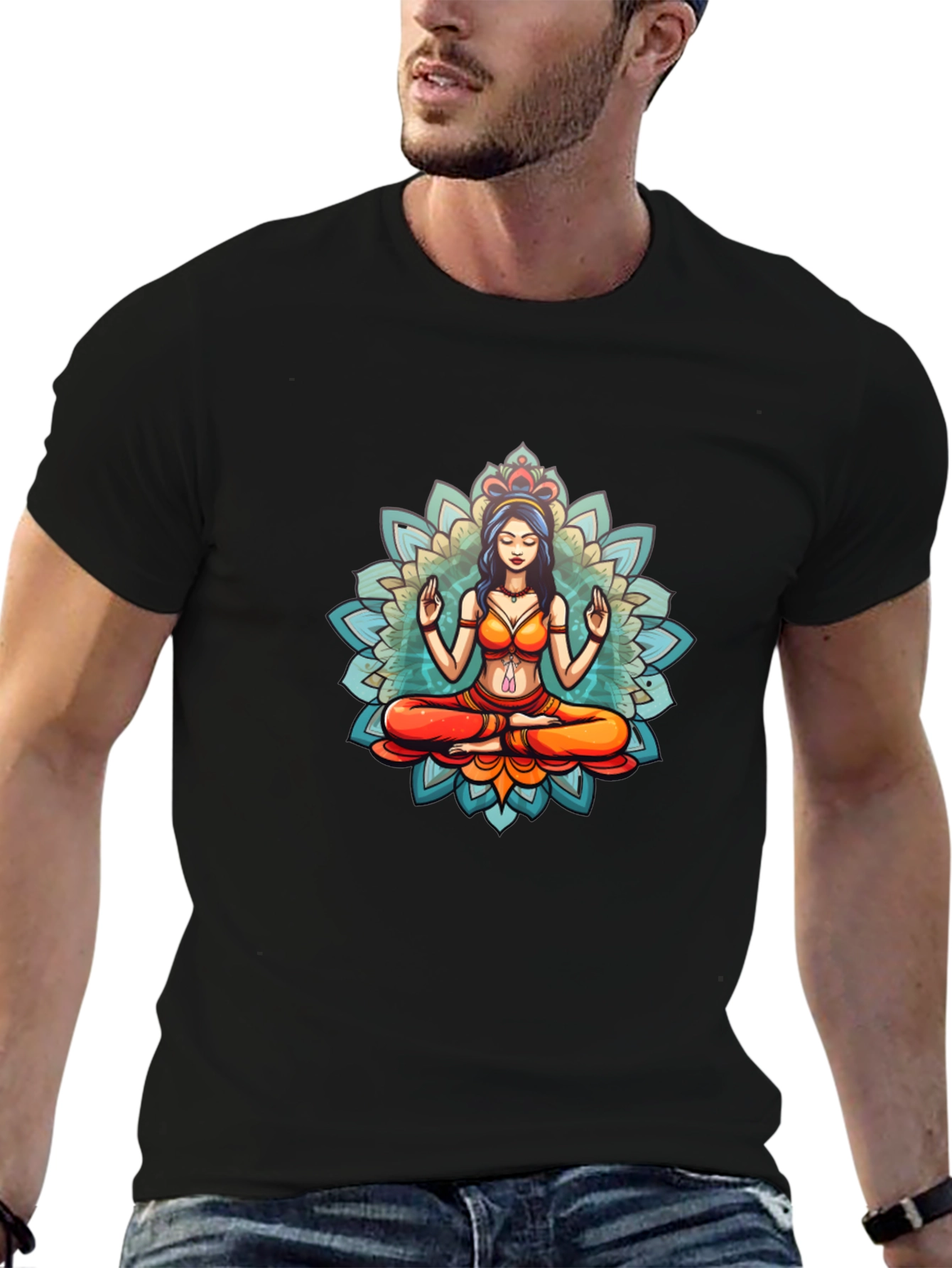 Meditative Mandala Graphic Black T-Shirt