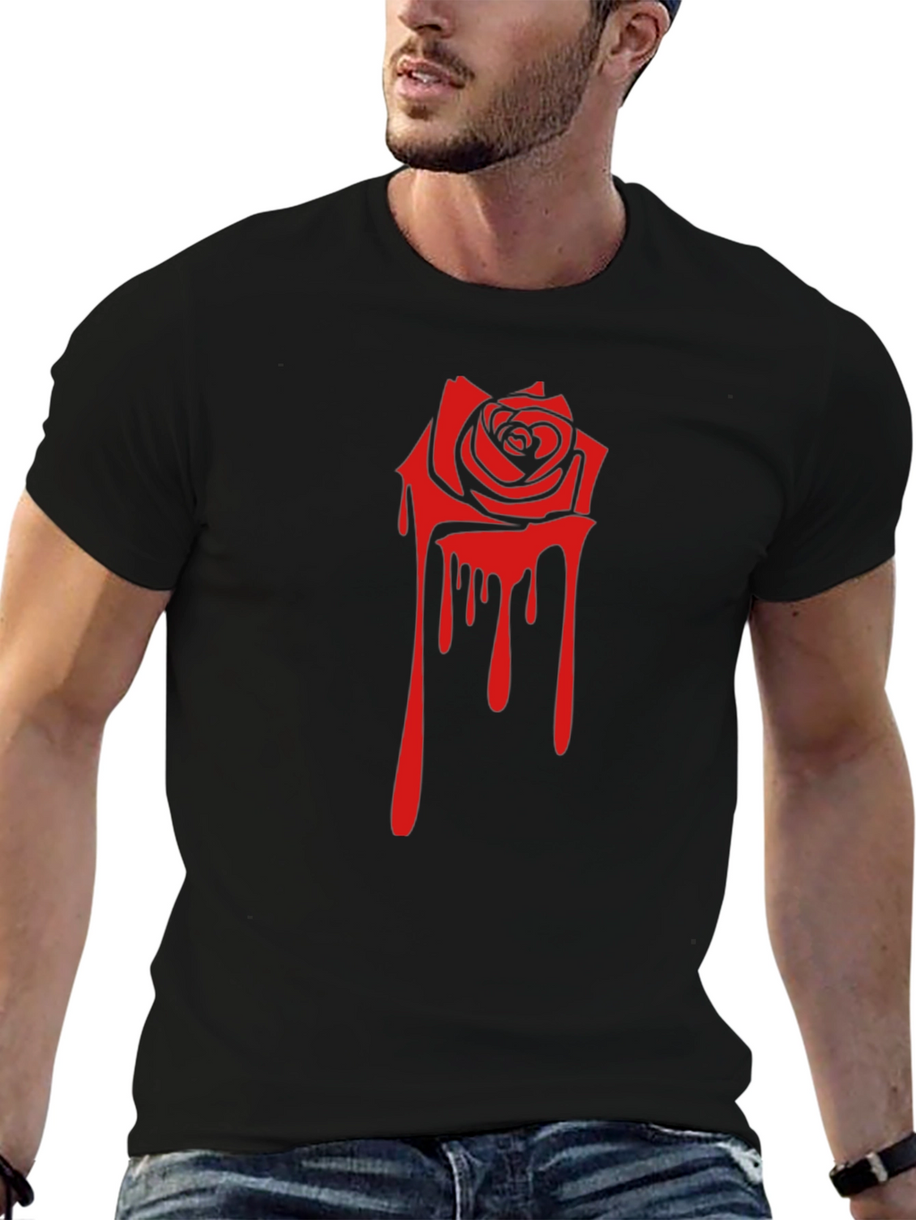 Black Tee with Red Dripping Rose Graphic