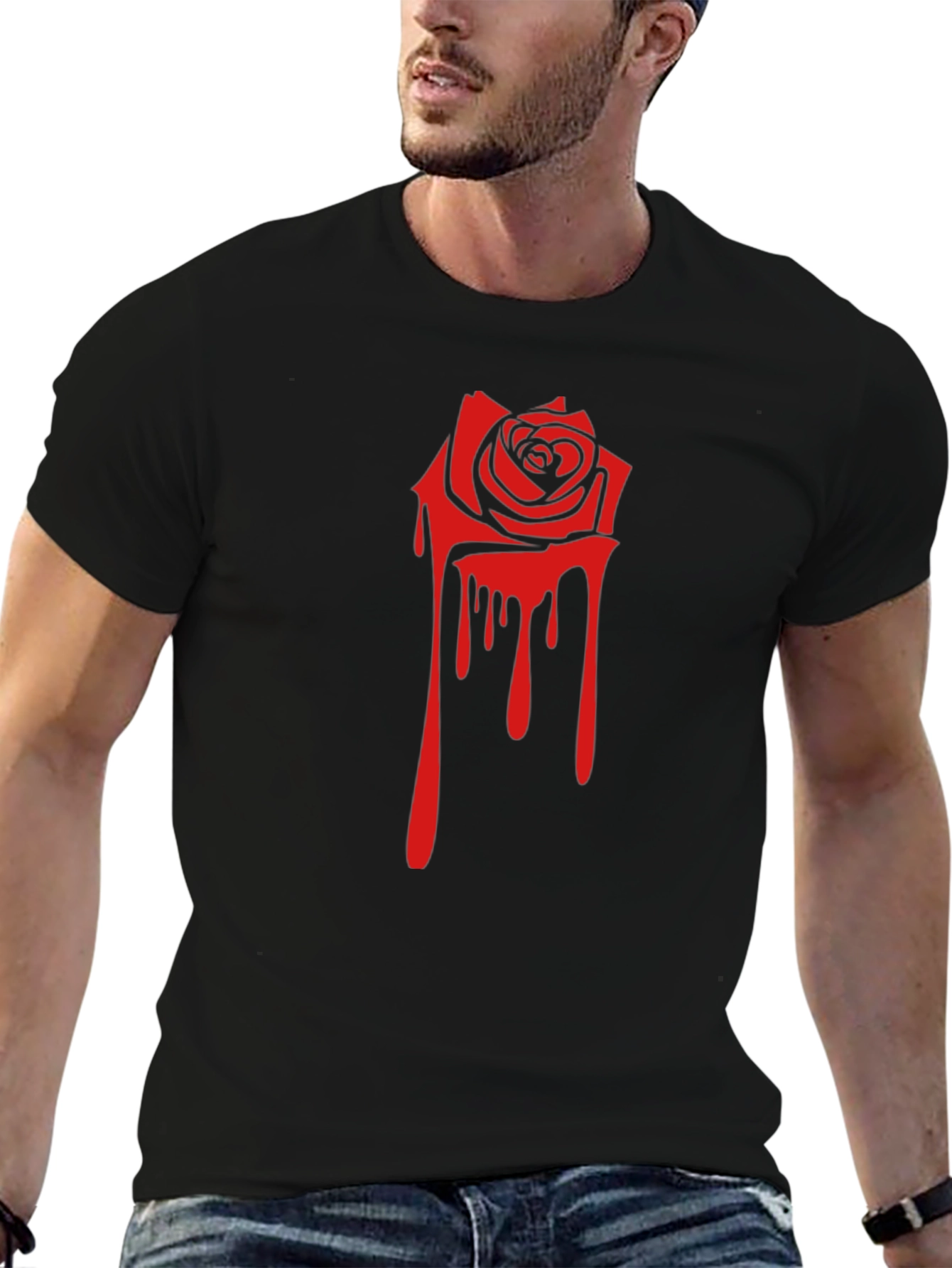 Black Tee with Red Dripping Rose Graphic