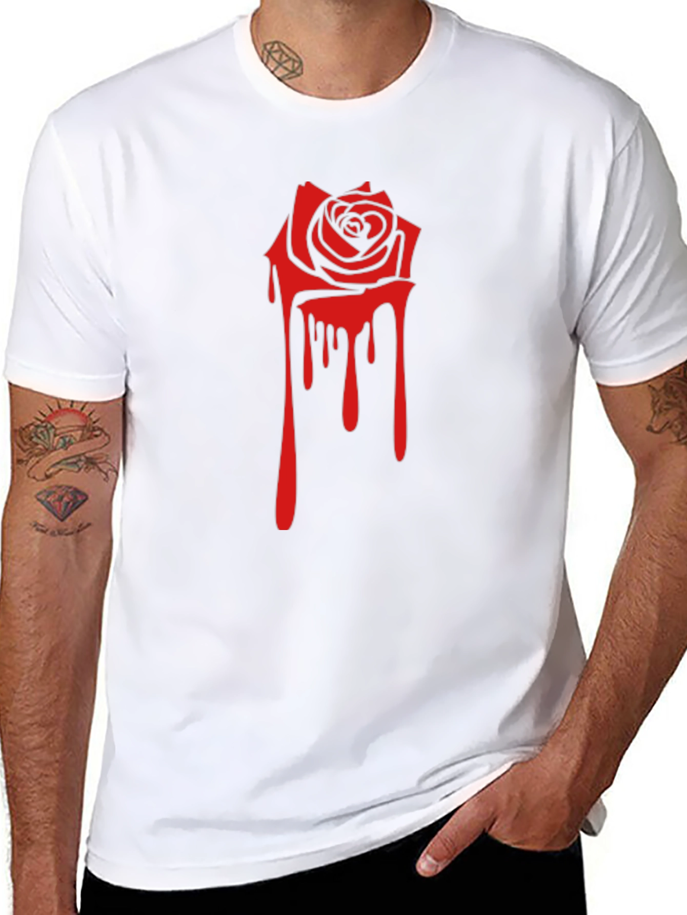 Black Tee with Red Dripping Rose Graphic