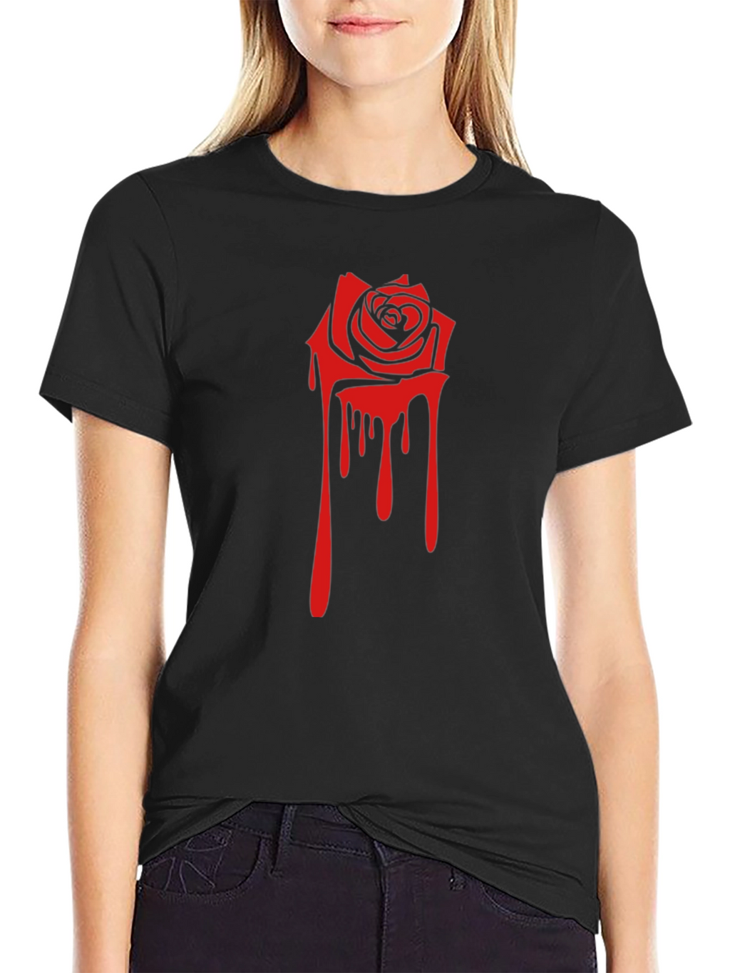 Black Tee with Red Dripping Rose Graphic