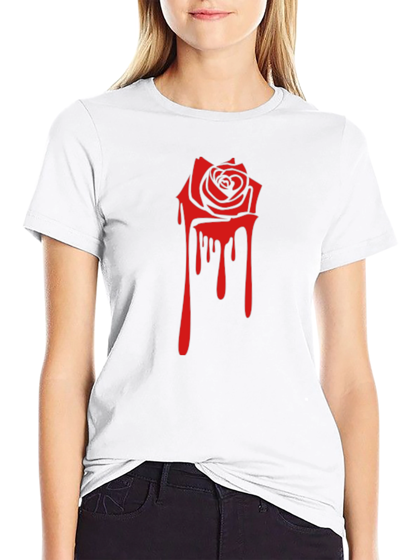 Black Tee with Red Dripping Rose Graphic