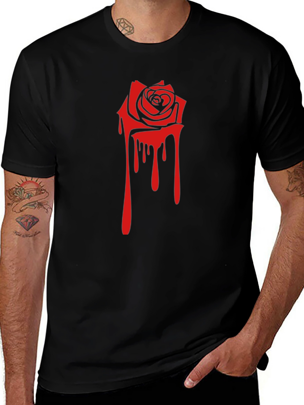 Black Tee with Red Dripping Rose Graphic