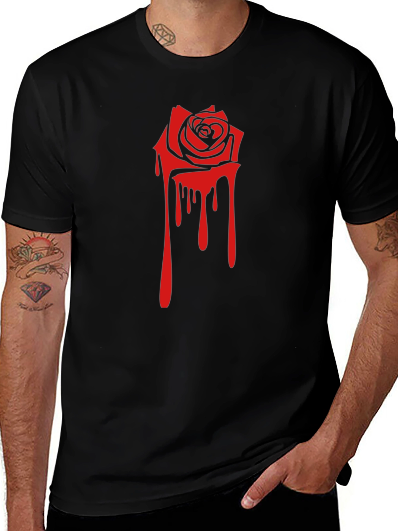 Black Tee with Red Dripping Rose Graphic