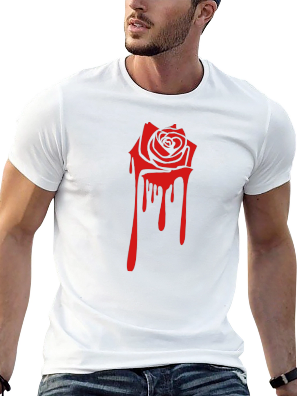Black Tee with Red Dripping Rose Graphic