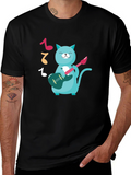 Cat Guitarist Graphic T-Shirt - Black Cotton Tee