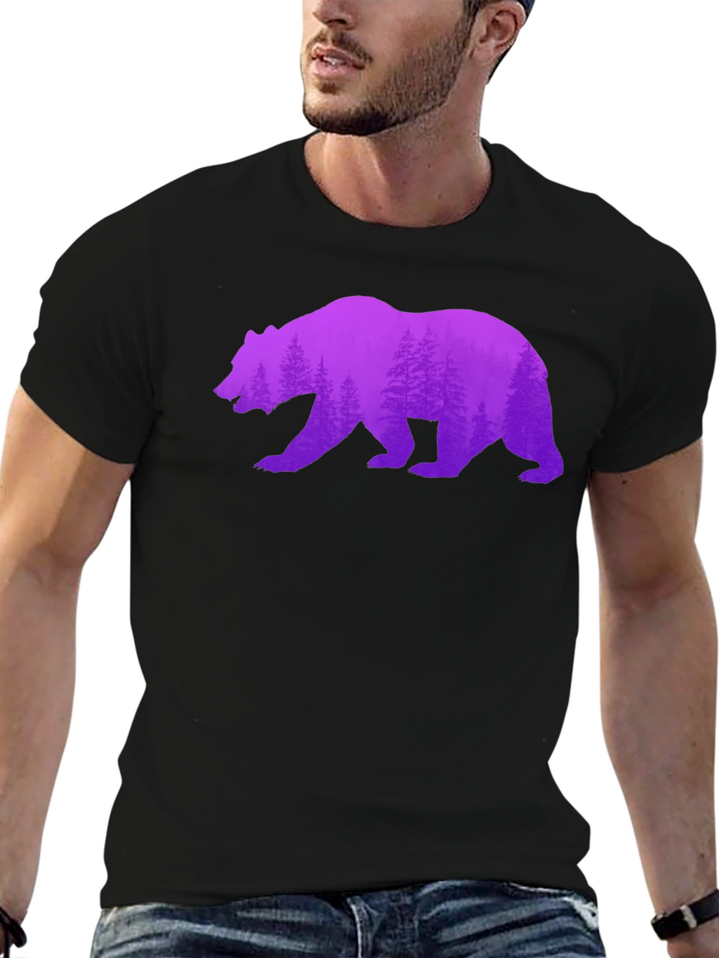 Bear Silhouette Forest Print Black Tee
