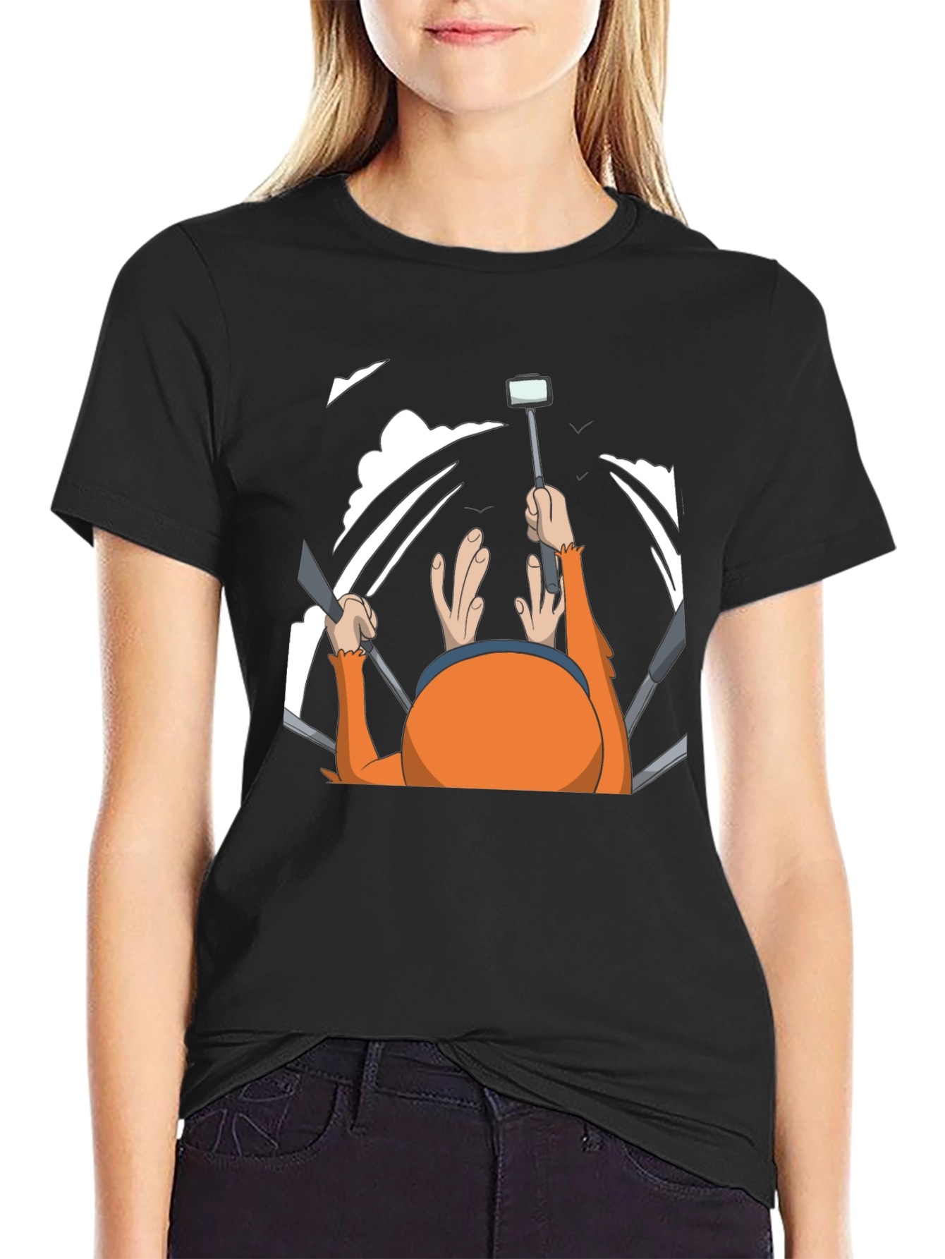 Humorous Cartoon Selfie Black T-Shirt