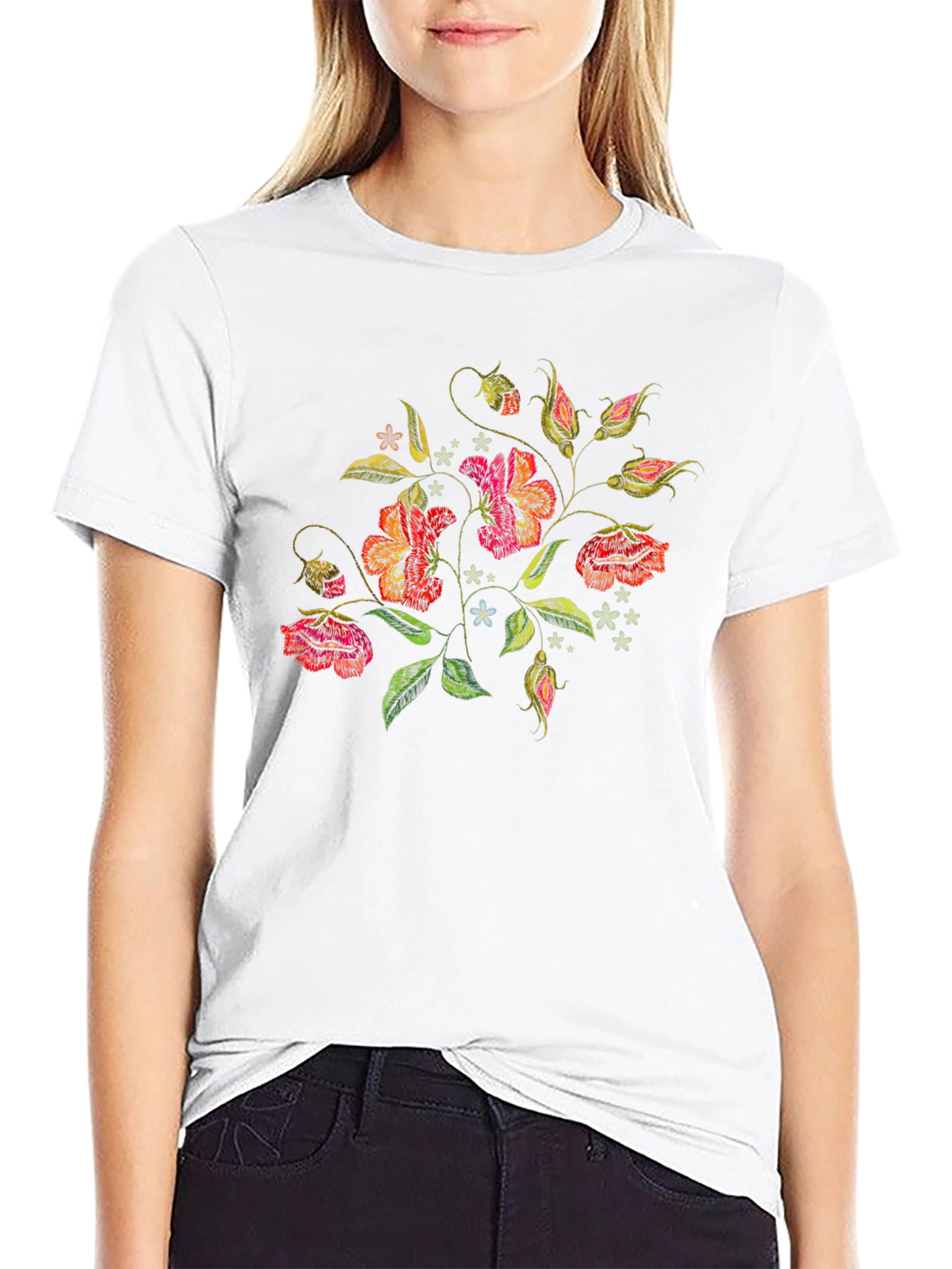 Floral Embroidered Black T-Shirt