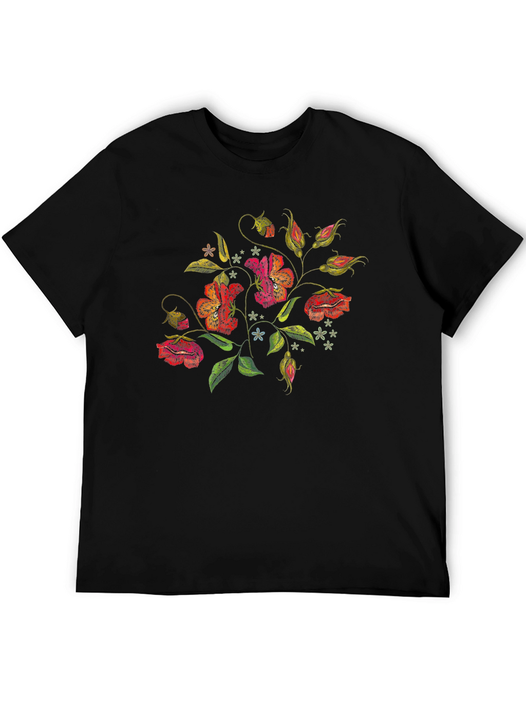 Floral Embroidered Black T-Shirt