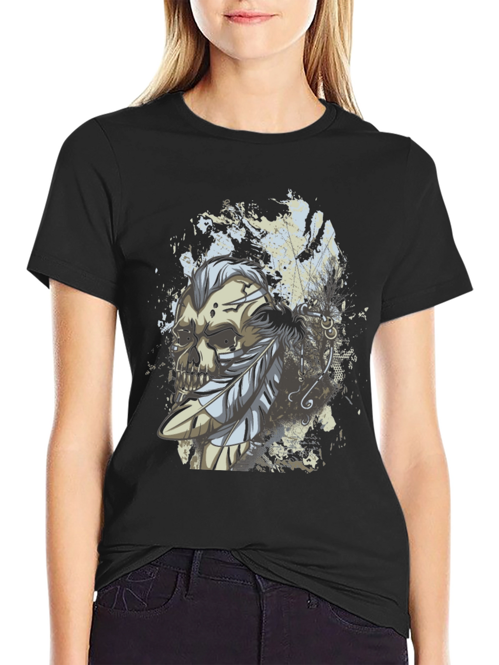 Skull & Feathers Graphic Print Black T-Shirt