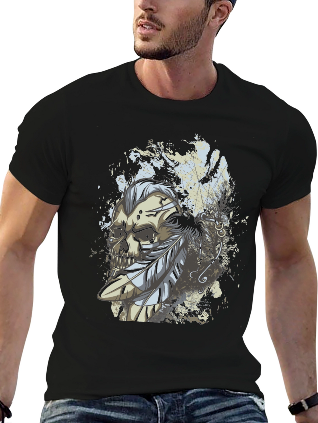 Skull & Feathers Graphic Print Black T-Shirt
