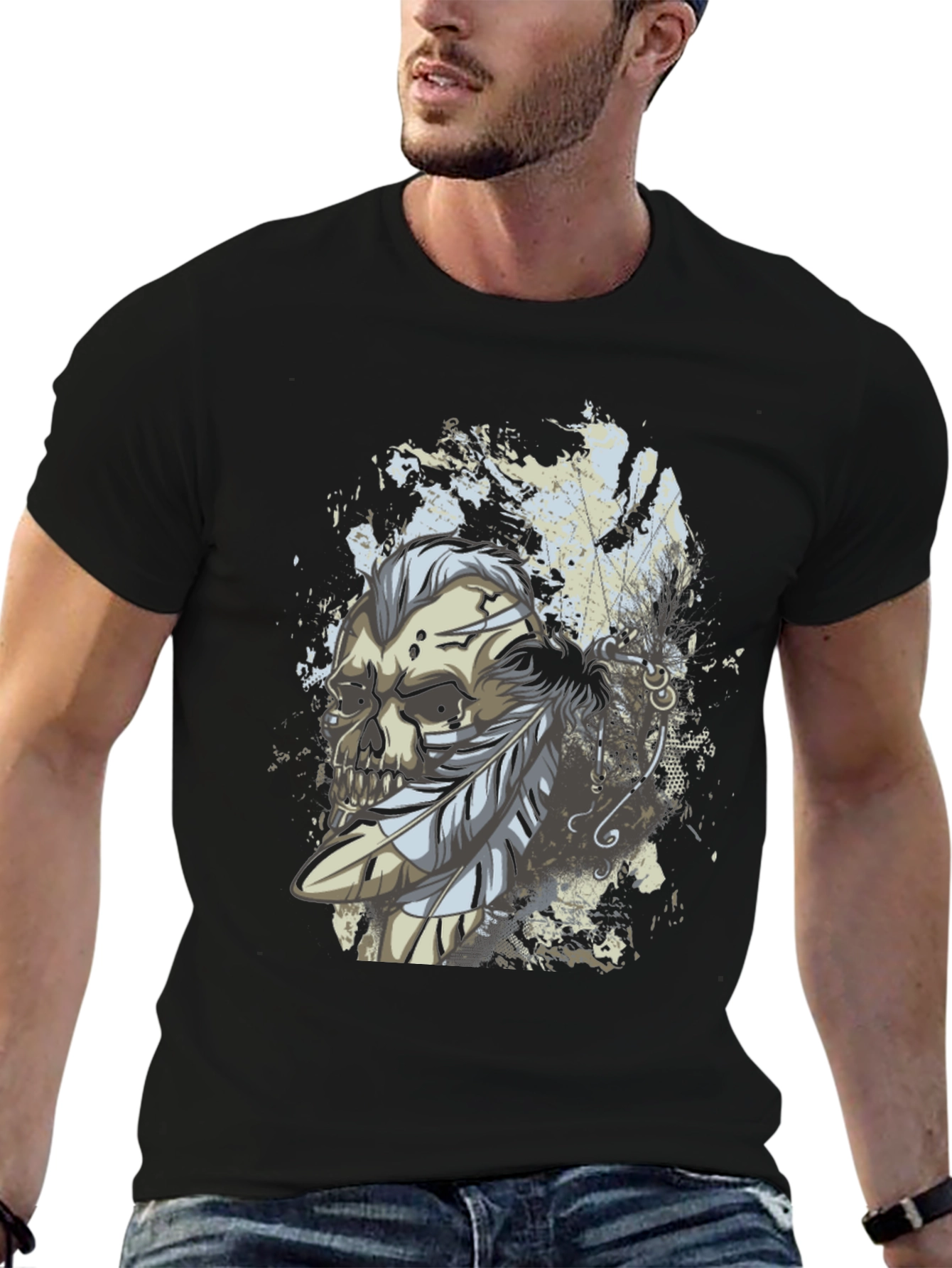 Skull & Feathers Graphic Print Black T-Shirt