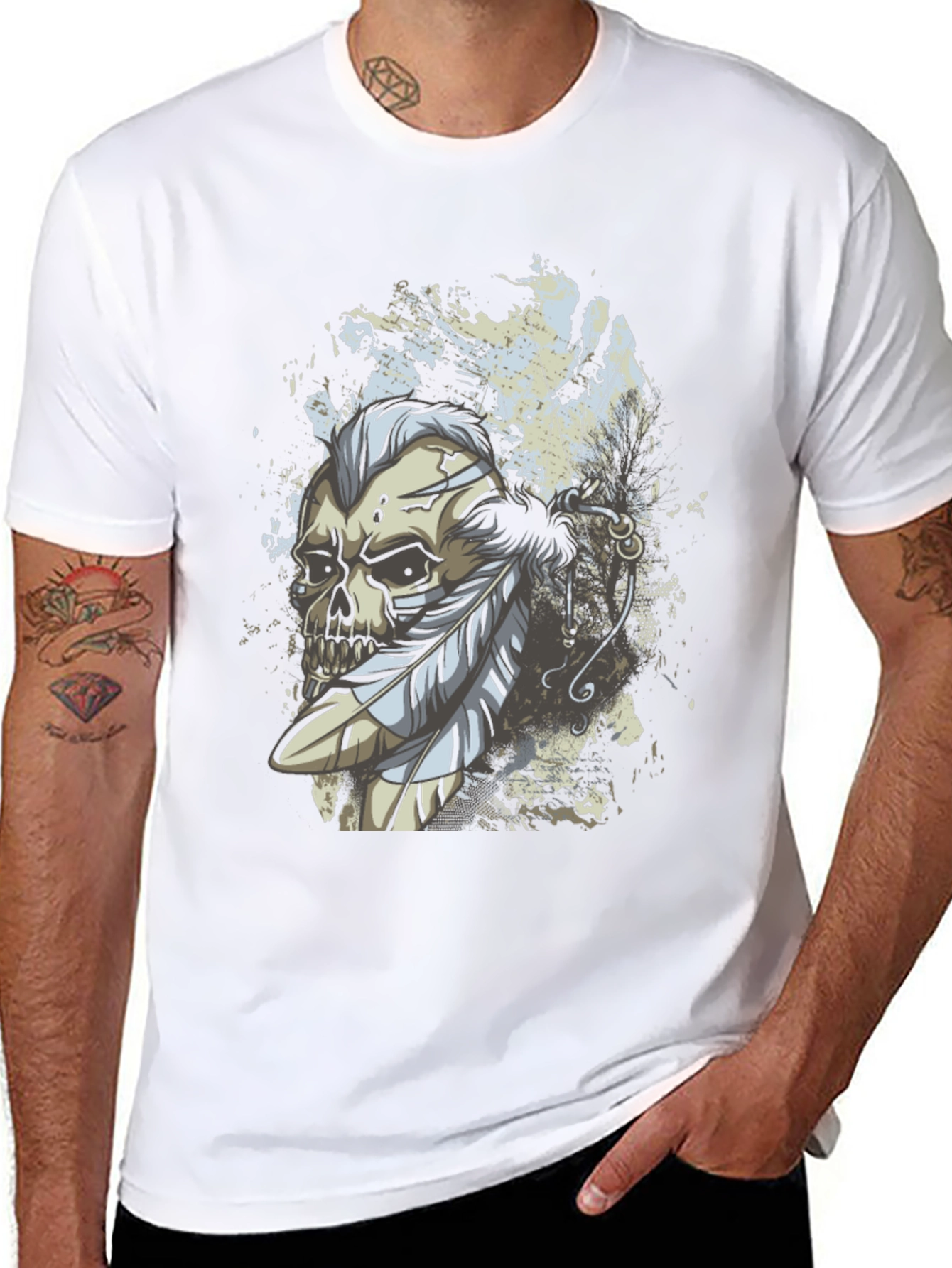 Skull & Feathers Graphic Print Black T-Shirt