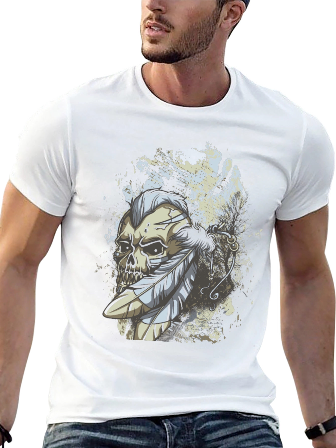 Skull & Feathers Graphic Print Black T-Shirt