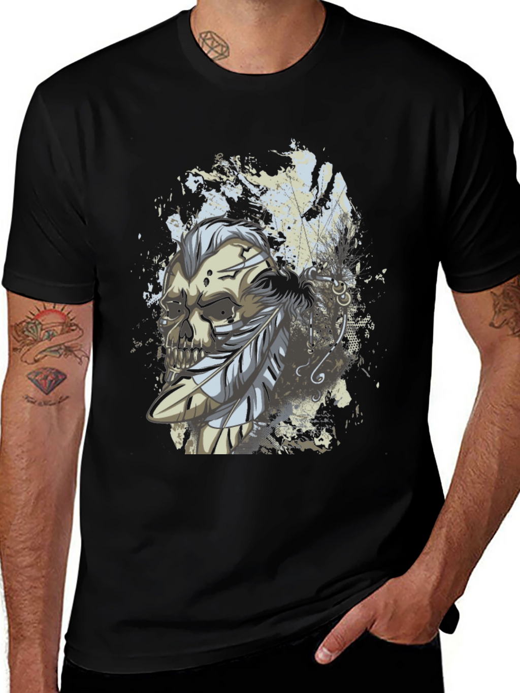 Skull & Feathers Graphic Print Black T-Shirt
