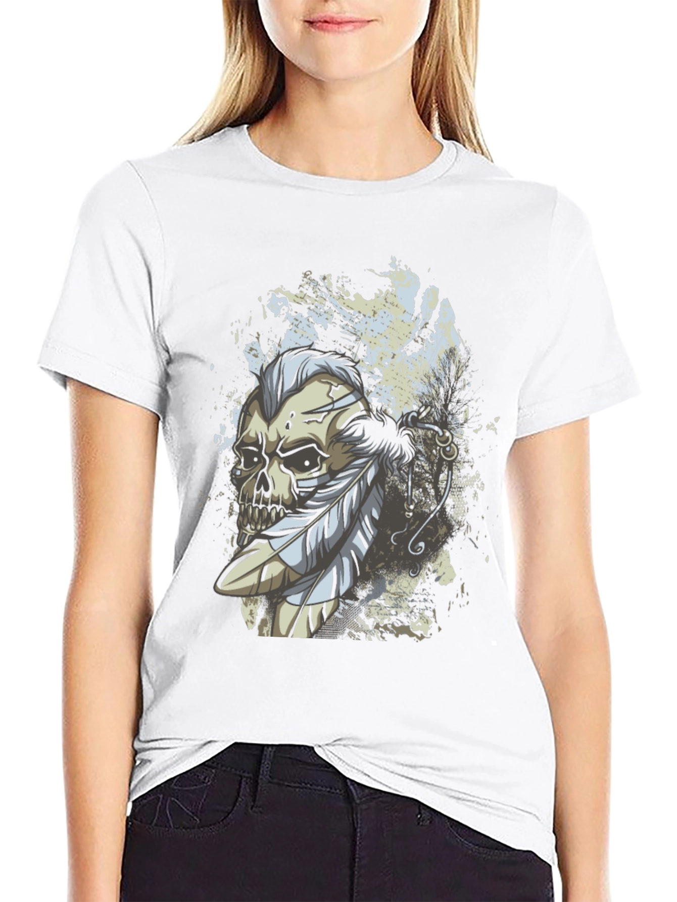 Skull & Feathers Graphic Print Black T-Shirt