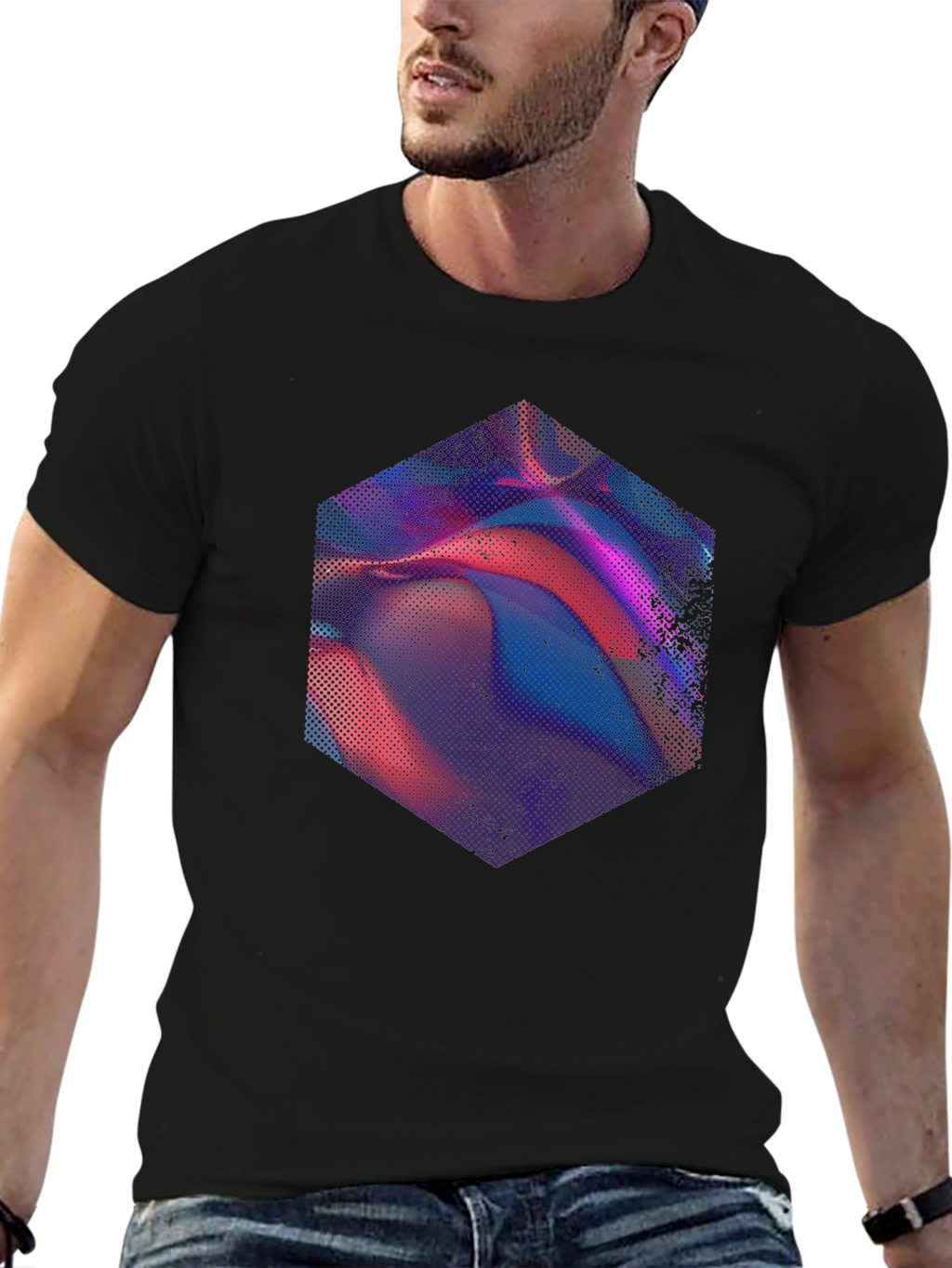 Abstract Hexagon Graphic Tee - Modern Mens Black T-Shirt