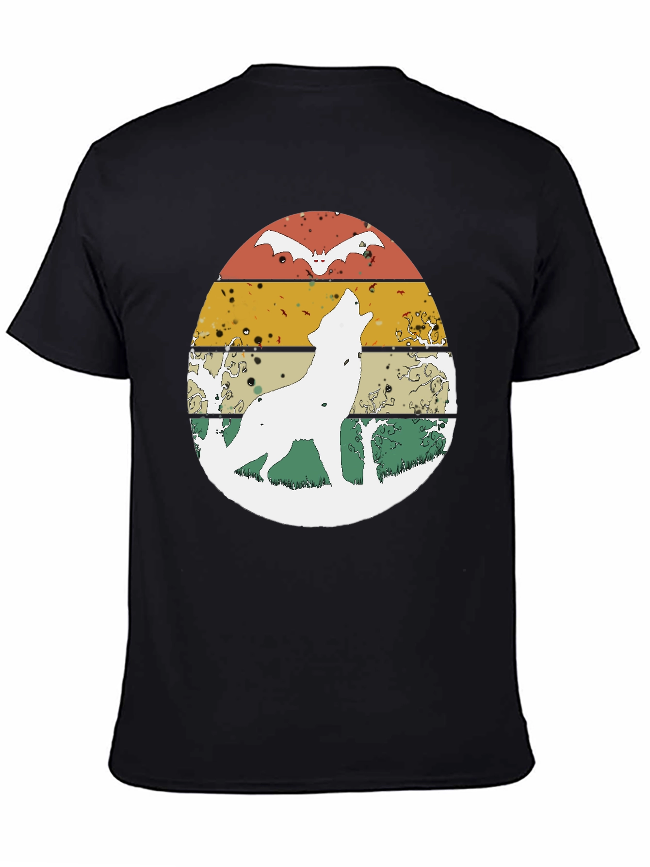 Wolf & Bat Retro Graphic Tee - Black Cotton Blend