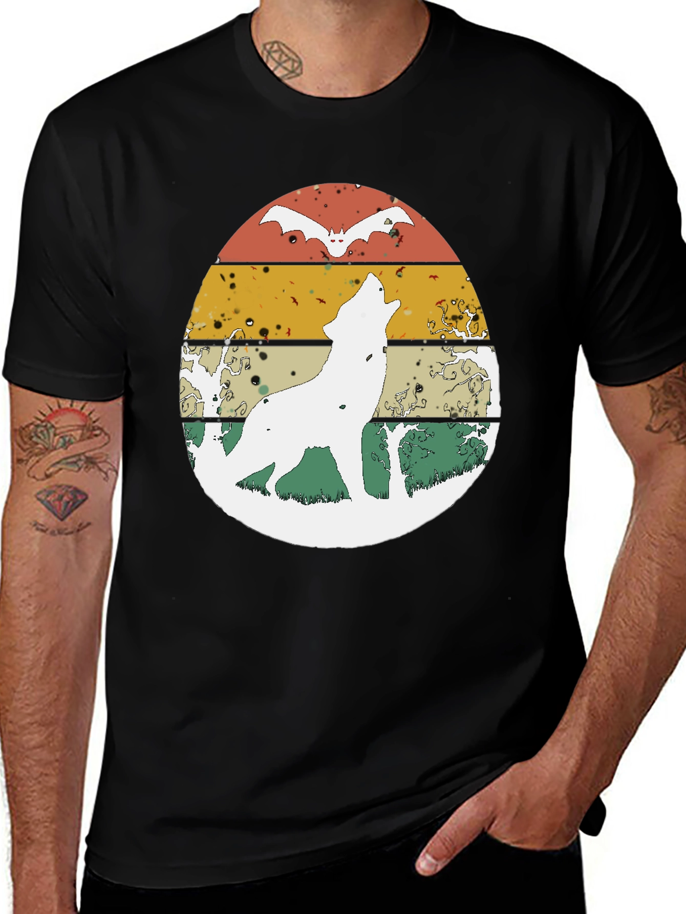 Wolf & Bat Retro Graphic Tee - Black Cotton Blend